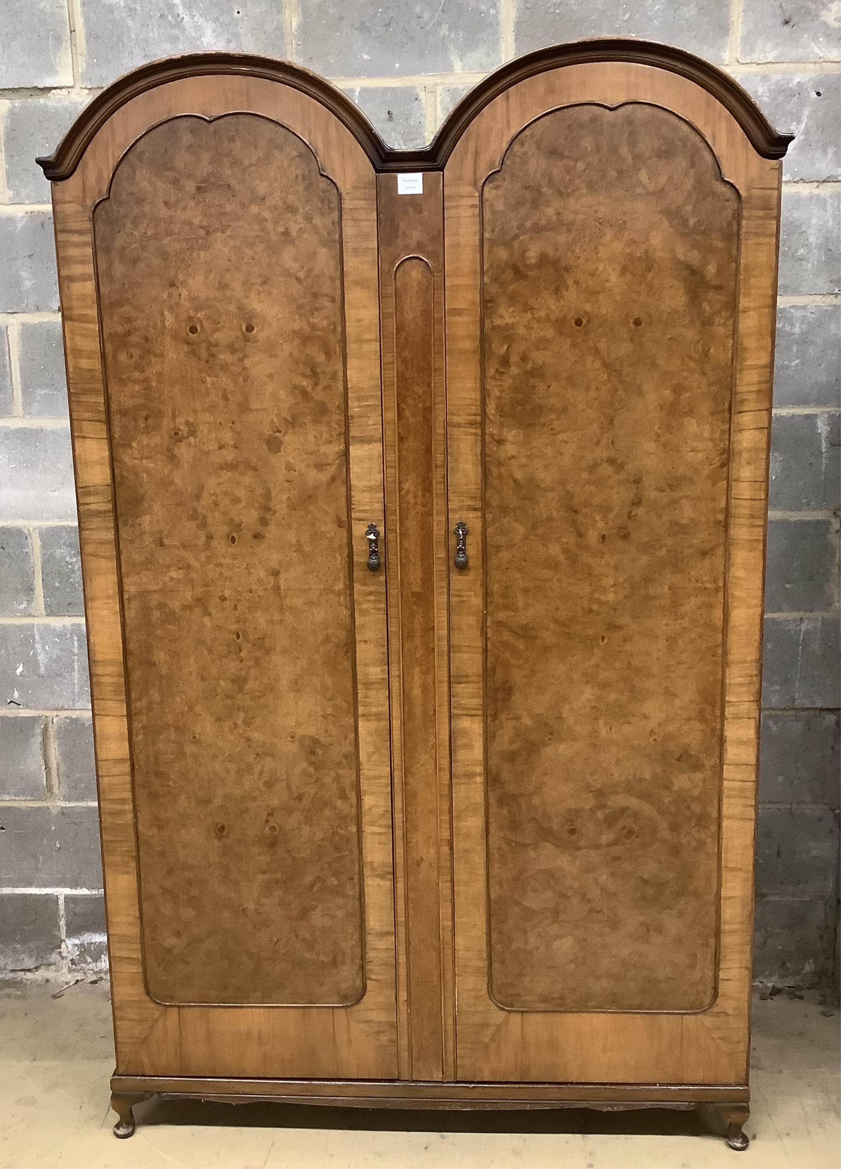 A Queen Anne Revival walnut wardrobe, width 126cm, depth 58cm, height 202cm. Condition - good